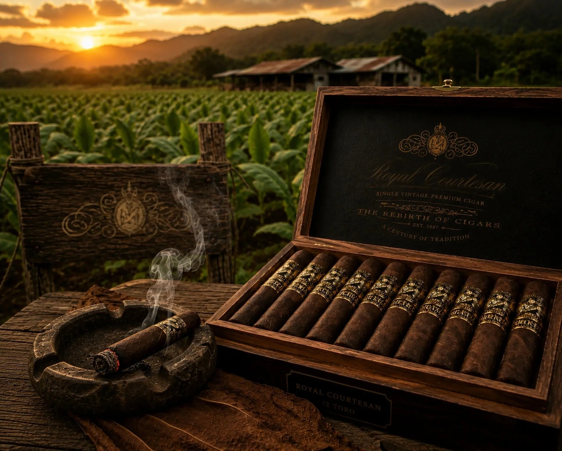 Open cigar box on a farm table with a lit cigar resting in an ashtray at sunset