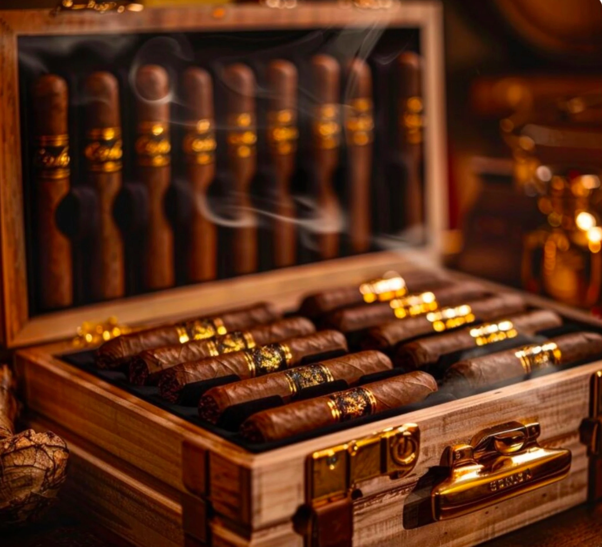 Open cigar box with rows of cigars and rising smoke